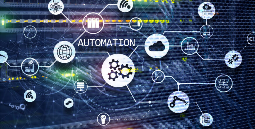 Business process automation concept on blurred network cabinets. New project 2020.