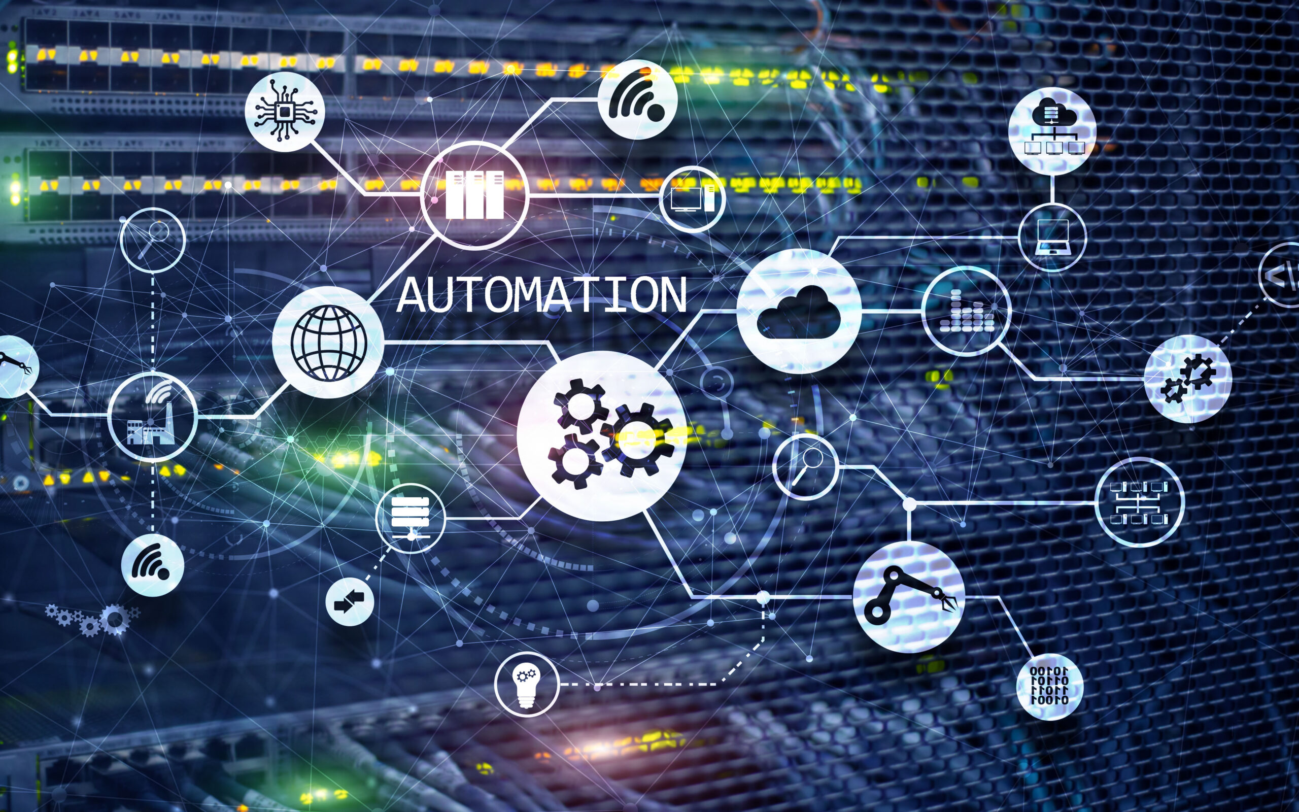 Business process automation concept on blurred network cabinets. New project 2020.