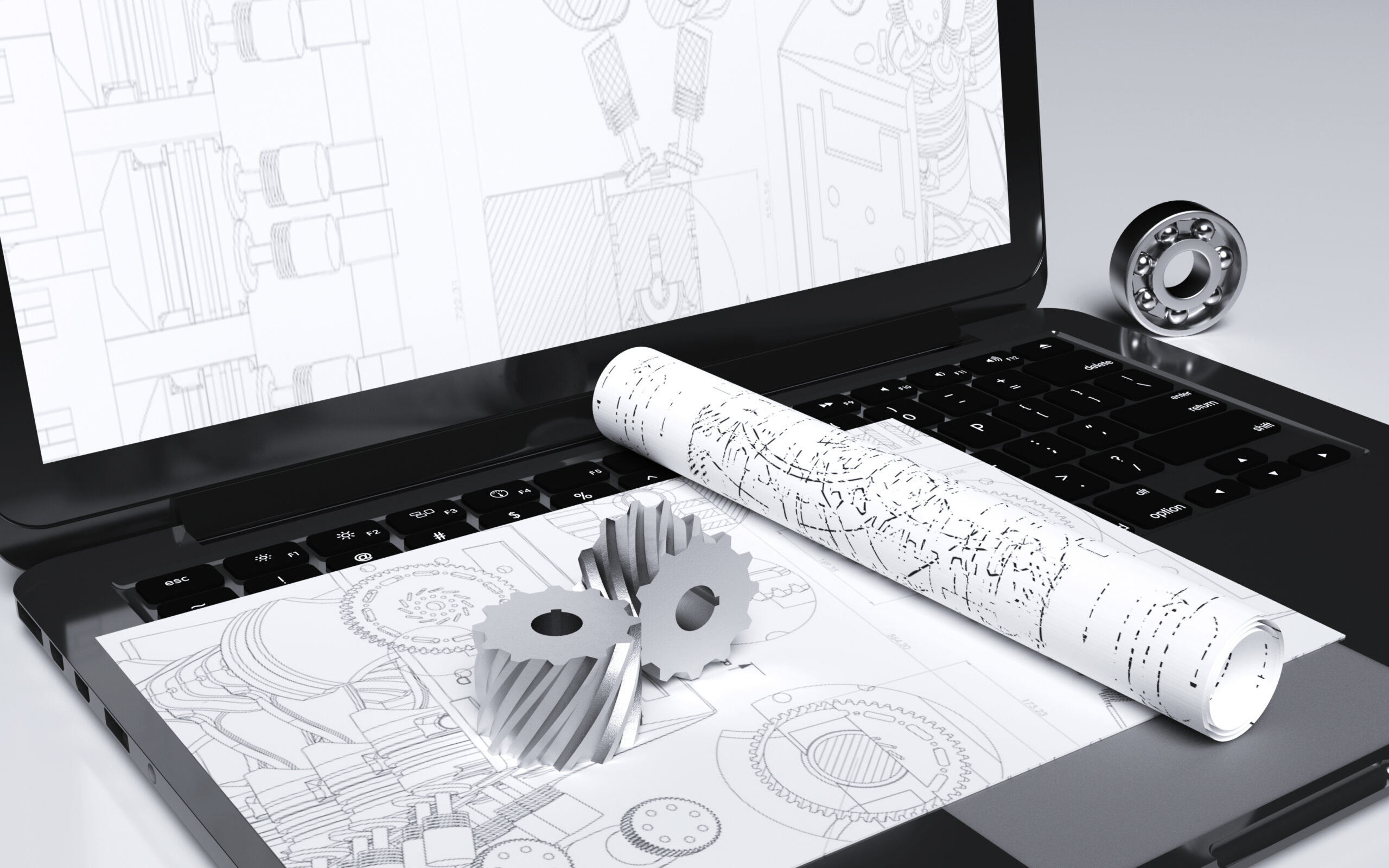 Cinema 4D rendering of an abstract background with laptop for building construction plans